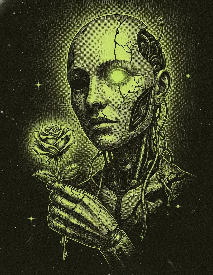 Cracked porcelain robot holding a neon rose