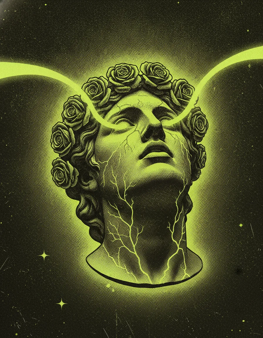 Marble bust crowned with roses, neon light pouring from its eyes